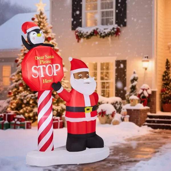 8.2FT Lighted Inflatable Black Santa & Road Sign