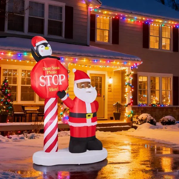 8.2FT Lighted Inflatable Black Santa & Road Sign