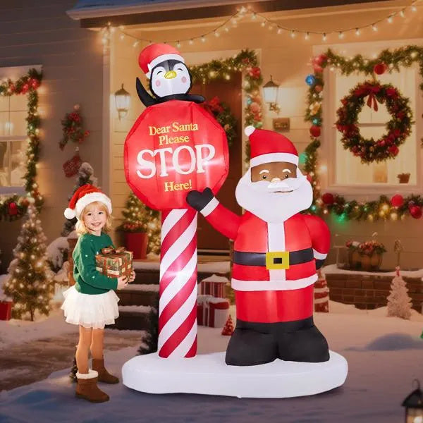 8.2FT Lighted Inflatable Black Santa & Road Sign