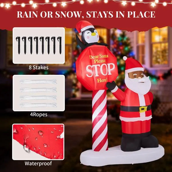 8.2FT Lighted Inflatable Black Santa & Road Sign